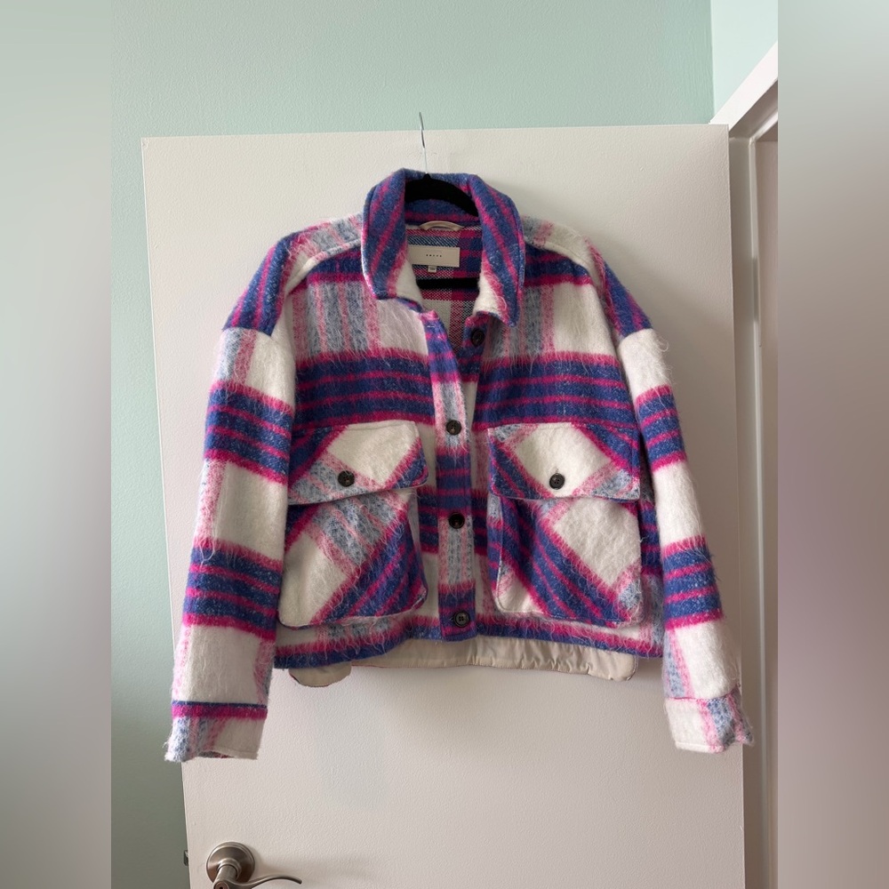 BLANK NYC prime time fuzzy Plaid Women's Jacket in Pink Blue and White